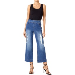 Womens HUE High-Rise Shredded Cropped Denim Flare