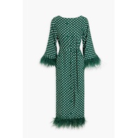 Andrea feather-trimmed polka-dot silk midi dress