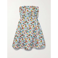 HVN Karla strapless ruched printed cotton-blend poplin mini dress