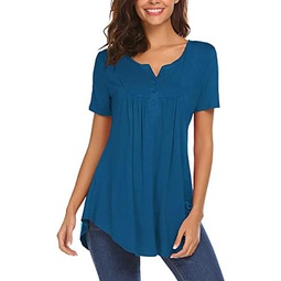 Halife Womens Casual Long Sleeve Henley V-Neck Shirt Loose Fit Pleated Tunic Blouse Tops