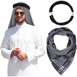 Arab Shemagh Muslim Keffiyeh Head Wrap Scarf Tactical Desert Neck Headwear with Aqel Rope for Men Women, 55x55 Inch