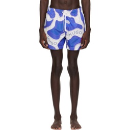 Blue & White Printed Swim Shorts 241084M208003