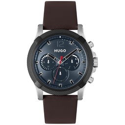 Hugo Mens Impress Quartz Multifunction Brown Leather Strap Watch 46mm