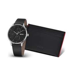 Mens Tyler Quartz Multifunction Black Leather Watch 43mm Black Leather BOSS Card Holder Gift Set