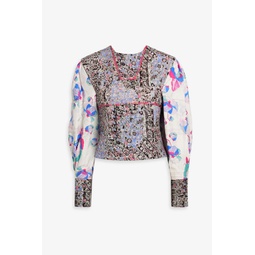 Printed silk-paneled cotton and linen-blend jacquard top