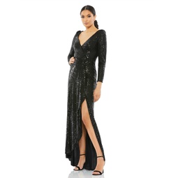 sequined faux wrap long sleeve gown