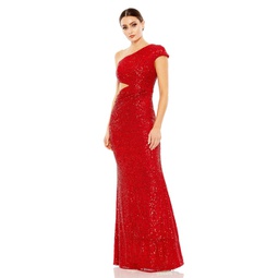sequined one shoulder cap sleeve cut out gown