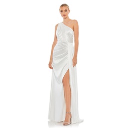 draped one shoulder satin gown