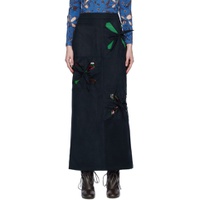 Navy Paneled Faux Suede Midi Skirt 232023F092001
