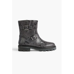 Buckled snake-effect leather ankle boots