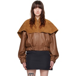 Brown Oversized Collar Leather Bomber Jacket 241477F058001