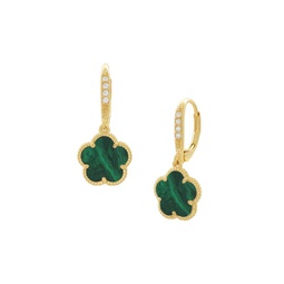 Flower 14K Goldplated, Cubic Zirconia & Synthetic Emerald Clover Earrings