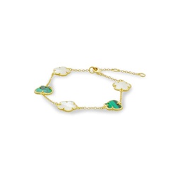 Flower & Butterfly 14K Goldplated, Mother of Pearl & Synthetic EmeraldBracelet