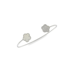 Flower Rhodium Plated, Mother-Of-Pearl & Cubic Zirconia Cuff Bracelet