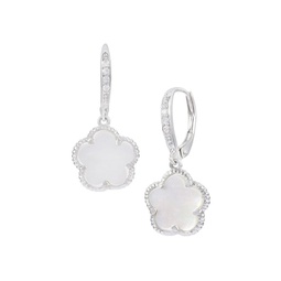 Flower 14K White Goldplated, Mother-Of-Pearl & Cubic Zirconia Hoop-Drop Earrings