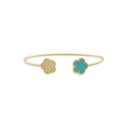 Flower 14K Goldplated, Cubic Zirconia & Synthetic Turquoise Cuff Bracelet