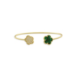 Flower 14K Goldplated, Cubic Zirconia & Synthetic Emerald Cuff Bracelet