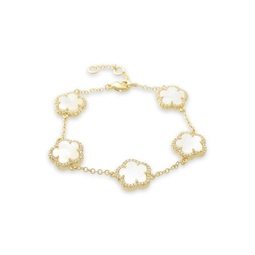 Flower 14K Yellow Goldplated, Mother Of Pearl & Cubic Zirconia Flower Station Bracelet