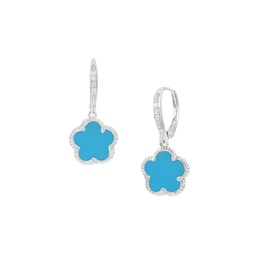 Flower Rhodium Plated, Cubic Zirconia & Faux Turquoise Drop Earrings