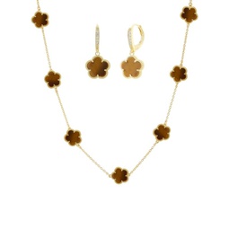 Flower 2-Piece 14K Goldplated, Tiger Eye & Cubic Zirconia Necklace & Earrings Set