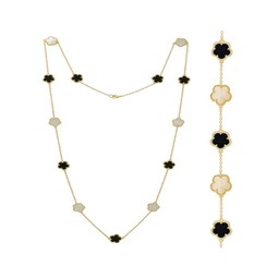 Flower 2-Piece 14K Goldplated, Onyx & Mother Of Pearl Station Necklace & Bracelet Set