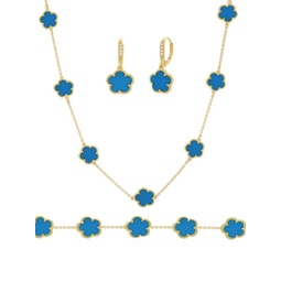 Flower 3-Piece 14K Goldplated, Blue Agate & Cubic Zirconia Necklace, Earrings & Bracelet Set