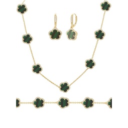 Flower 3-Piece 14K Goldplated, Synthetic Emerald & Cubic Zirconia Necklace, Bracelet & Earrings Set