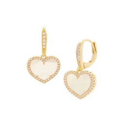 Heart 14K Goldplated, Mother-Of-Pearl & Cubic Zirconia Drop Earrings