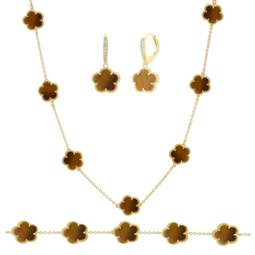 Flower 3-Piece 14K Goldplated, Tiger Eye & Cubic Zirconia Necklace, Earrings & Bracelet Set