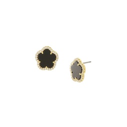 Flower 14K Goldplated, Onyx & Cubic Zirconia Stud Earrings