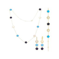 Flower 3-Piece 14K Goldplated, Mother of Pearl, Synthetic Sapphire & Agate Set