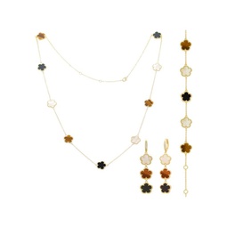 Flower 3-Piece 14K Goldplated, Mother of Pearl, Onyx & Tigers Eye Set