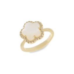 14K Goldplated, Cubic Zirconia & Mother Of Pearl Clover Ring