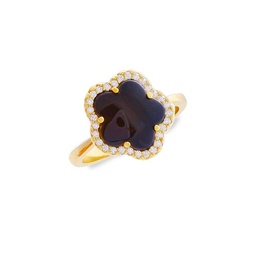 14K Goldplated, Onyx & Cubic Zirconia Clover Ring