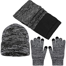3 Pack Winter Beanie Hat Touchscreen Gloves and Scarves for Men Women Warm Knit Cold Weather Skull Cap Scarf Glove Set