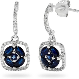 Jewelry Bliss 10k White Gold Round/Marquise Shape Real Blue Sapphire Gemstone & Diamond Halo Fashion Earrings for Women, September Birthstone, Ideal for Anniversary, Valentines day