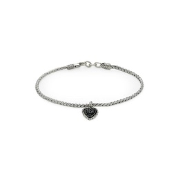 Classic Chain Sterling Silver, Black Sapphire & Spinel Heart Charm Bracelet