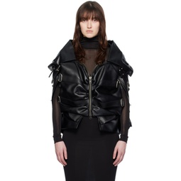 Black Gathered Faux-Leather Jacket 232253F063004