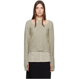 Taupe W Neck Long Sleeve T Shirt 232586F110008