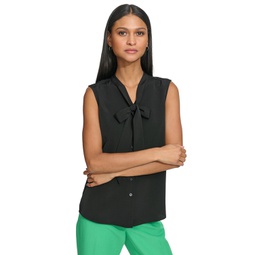 Womens Tie-Neck Button-Front Sleeveless Top