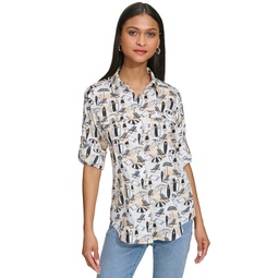 Womens Whimsical-Print Roll-Tab Button-Front Top