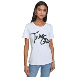 Womens Tres Chic Fringe-Logo T-Shirt