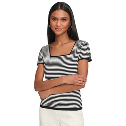 Womens Striped Square-Neck Short-Sleeve Sweater