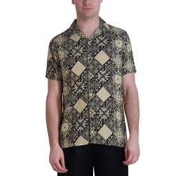 Mens Slim-Fit Geometric Tile-Print Button-Down Camp Shirt