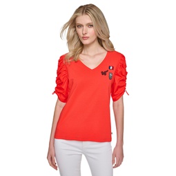 Womens Ruched-Sleeve V-Neck Top