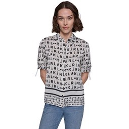 Womens Printed Bungee-Sleeve Button-Down Top