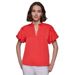 Womens V-Neck Puff-Sleeve Blouse