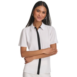 Womens Spread-Collar Button-Front Top