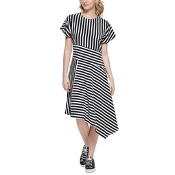 Womens Striped Asymmetrical-Hem Dress