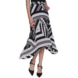 Womens Printed Pleated Pull-On Asymmetrical-Hem Midi Skirt